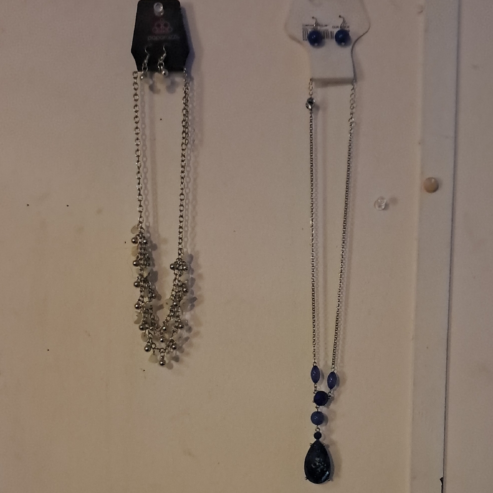 Silver-tone Multi-Chain Necklace with Blue Pendant